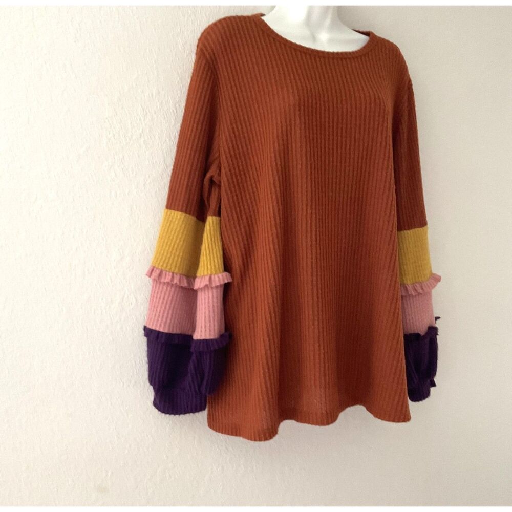 CY Fashion Colorblock Ruffle Sleeve Top Rust Large - Picture 2 of 9
